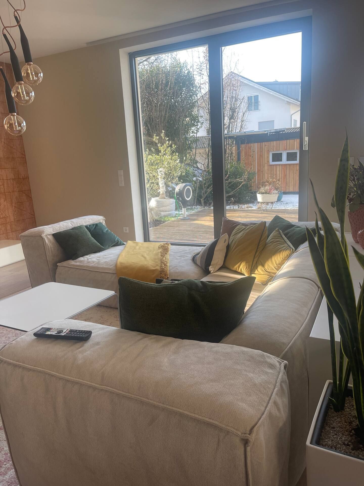 A modern living room with a sofa, a coffee table, and a plant.