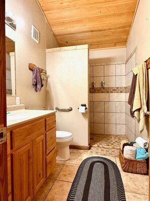 Douche, sèche-cheveux, serviettes fournies, savon