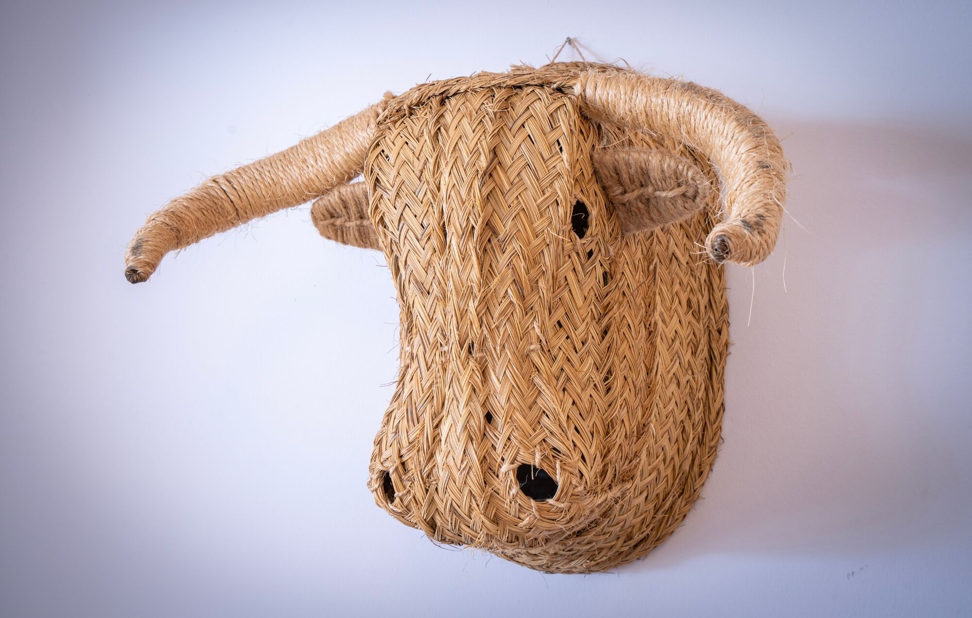 Una cesta tejida con asa y dos agujeros.