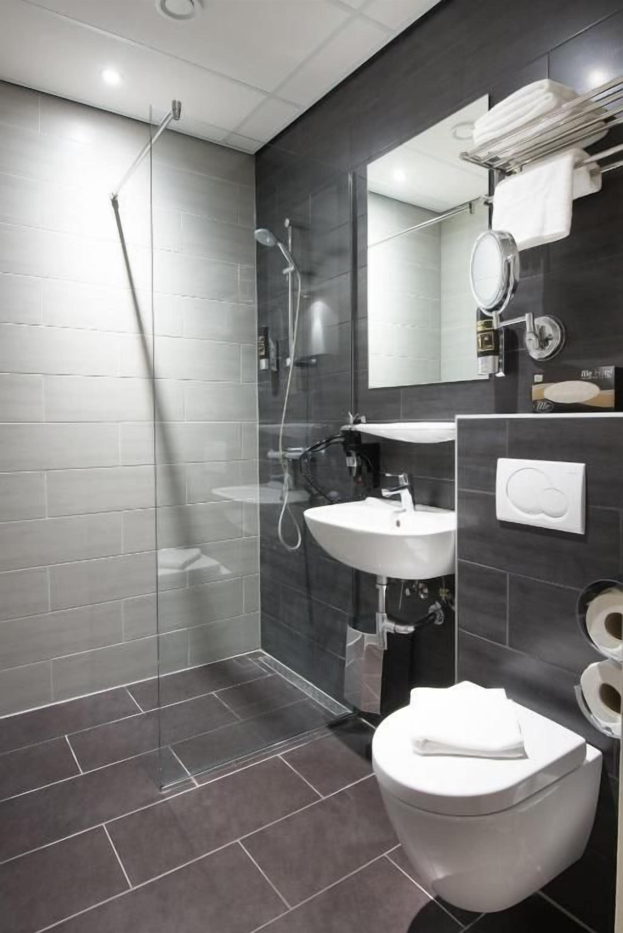 A modern bathroom with a glass-enclosed shower, a white sink, and a toilet.