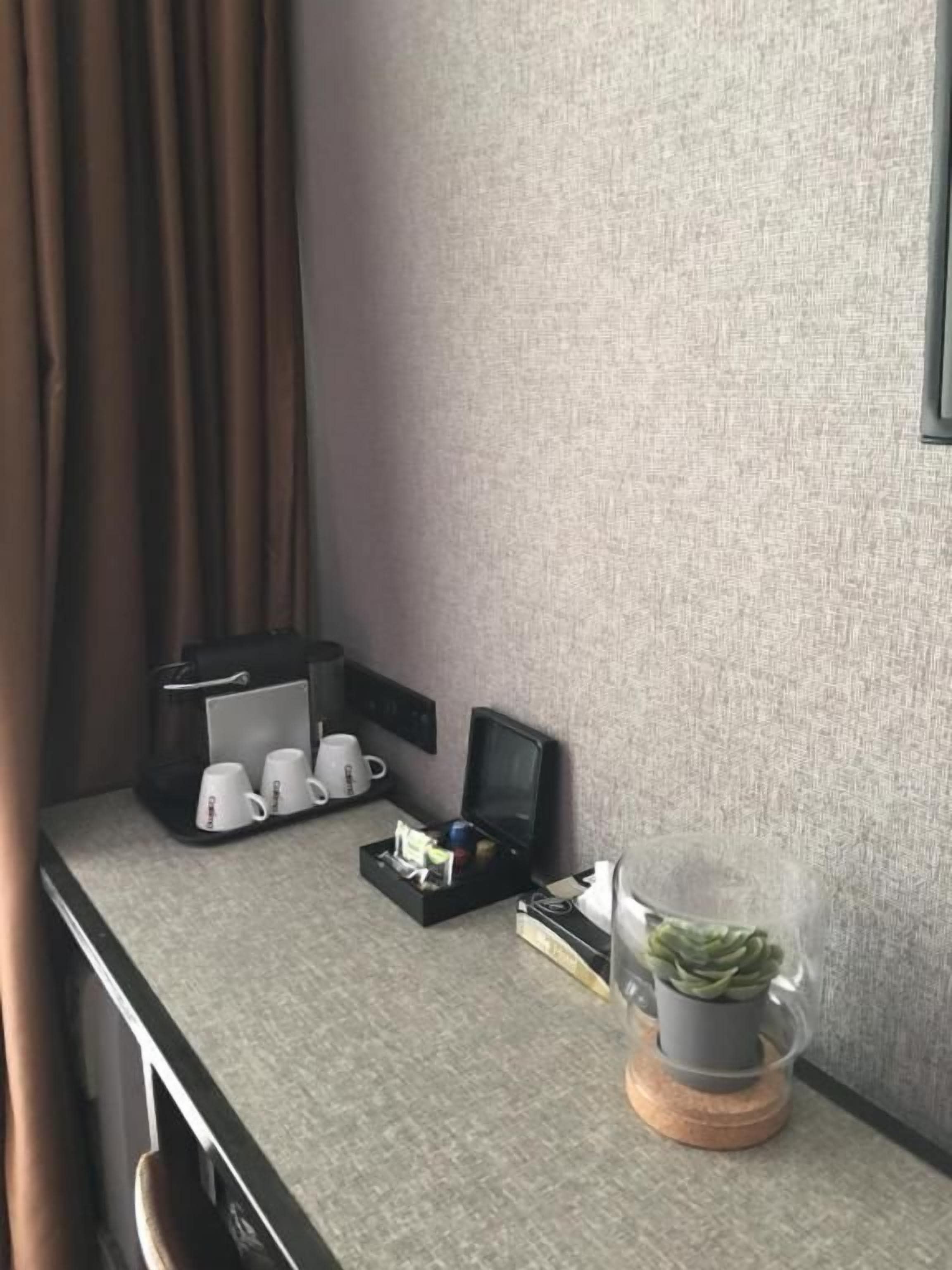 Eine kleine Küchenzeile mit Kaffeemaschine, Tassen, einem Fernseher und einem Topf mit Pflanze auf einem Holzteller.