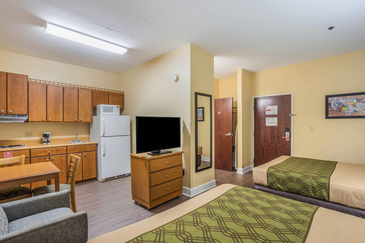 Habitación de hotel compacta con kitchenette, televisor, mesa de comedor con sillas y dos camas con ropa de cama de estampado verde.