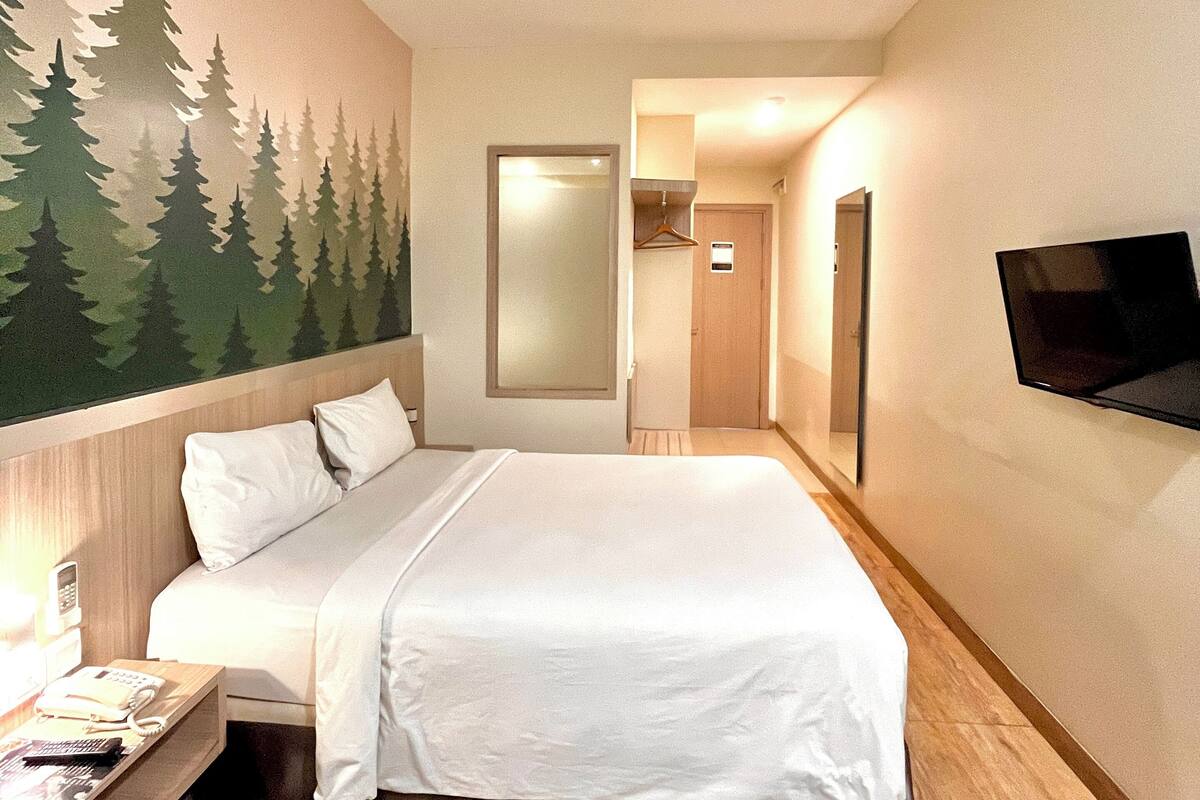 A hotel room with a bed, a nightstand, a TV mounted on the wall, and a mural of trees on the wall.