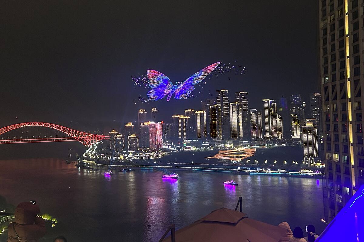 Un paisaje urbano nocturno con edificios iluminados, un puente y una exhibición de luces de mariposa sobre el agua.