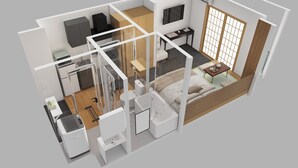 A 3D model of a modern apartment with a kitchen, living area, and bedroom. - b&Imazato (Osaka)
