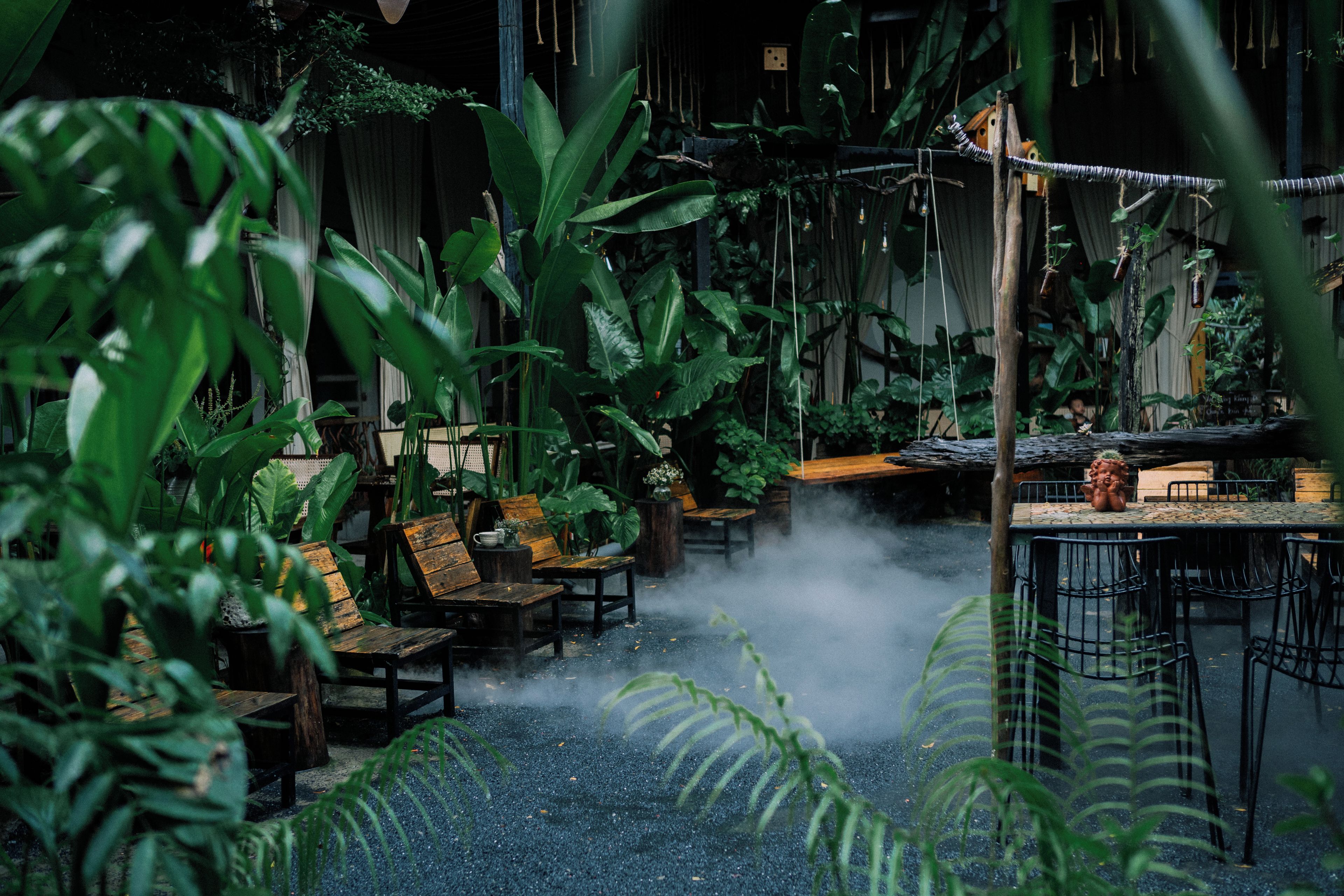 An indoor garden with tables and chairs, surrounded by lush greenery and hanging plants.