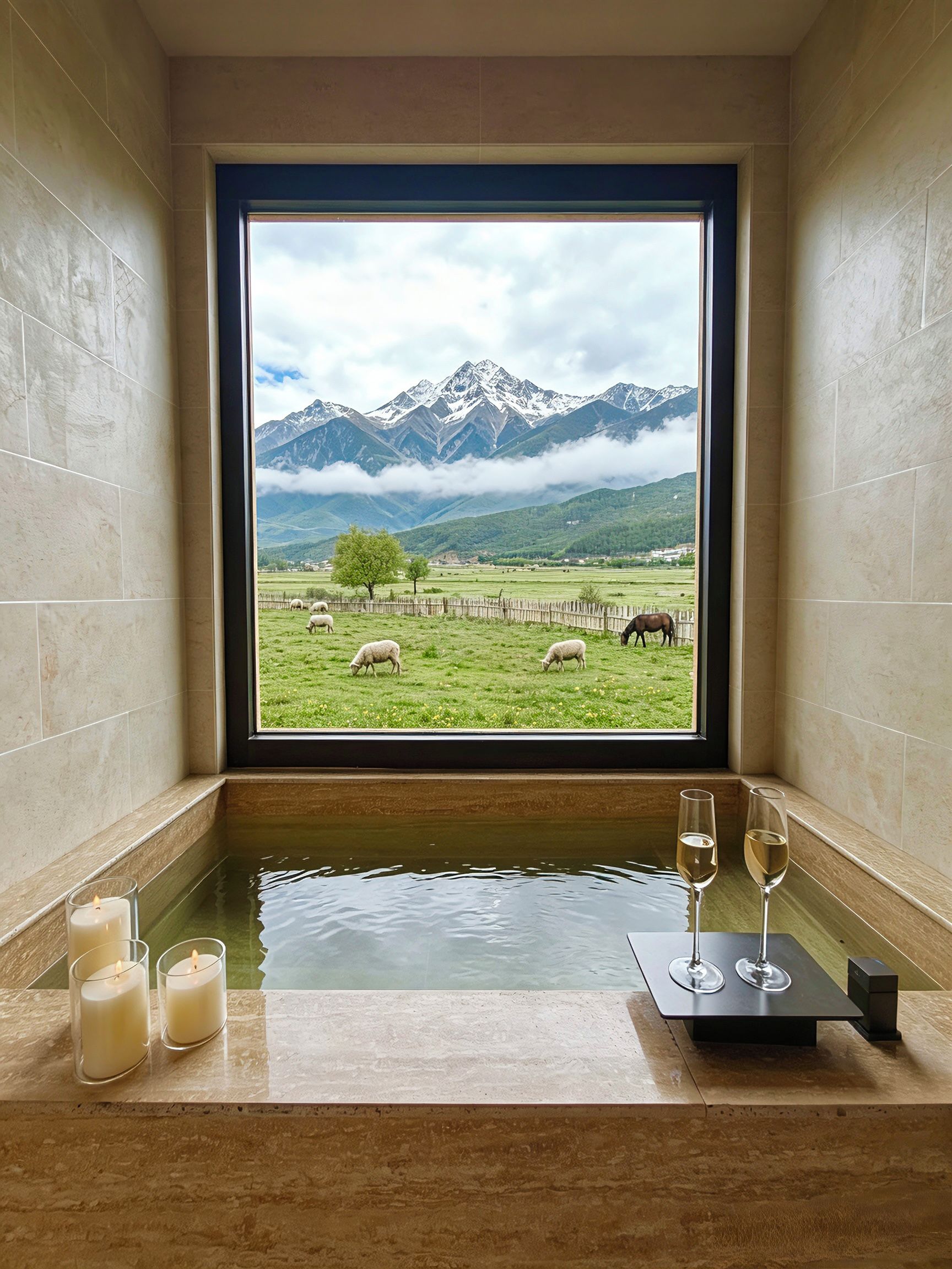 A bathroom with a bathtub, candles, and glasses of wine.