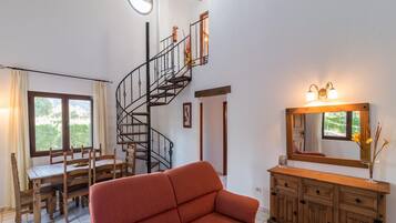 Smart TV, fireplace, foosball