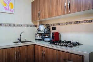 Fridge, oven, stovetop, coffee/tea maker