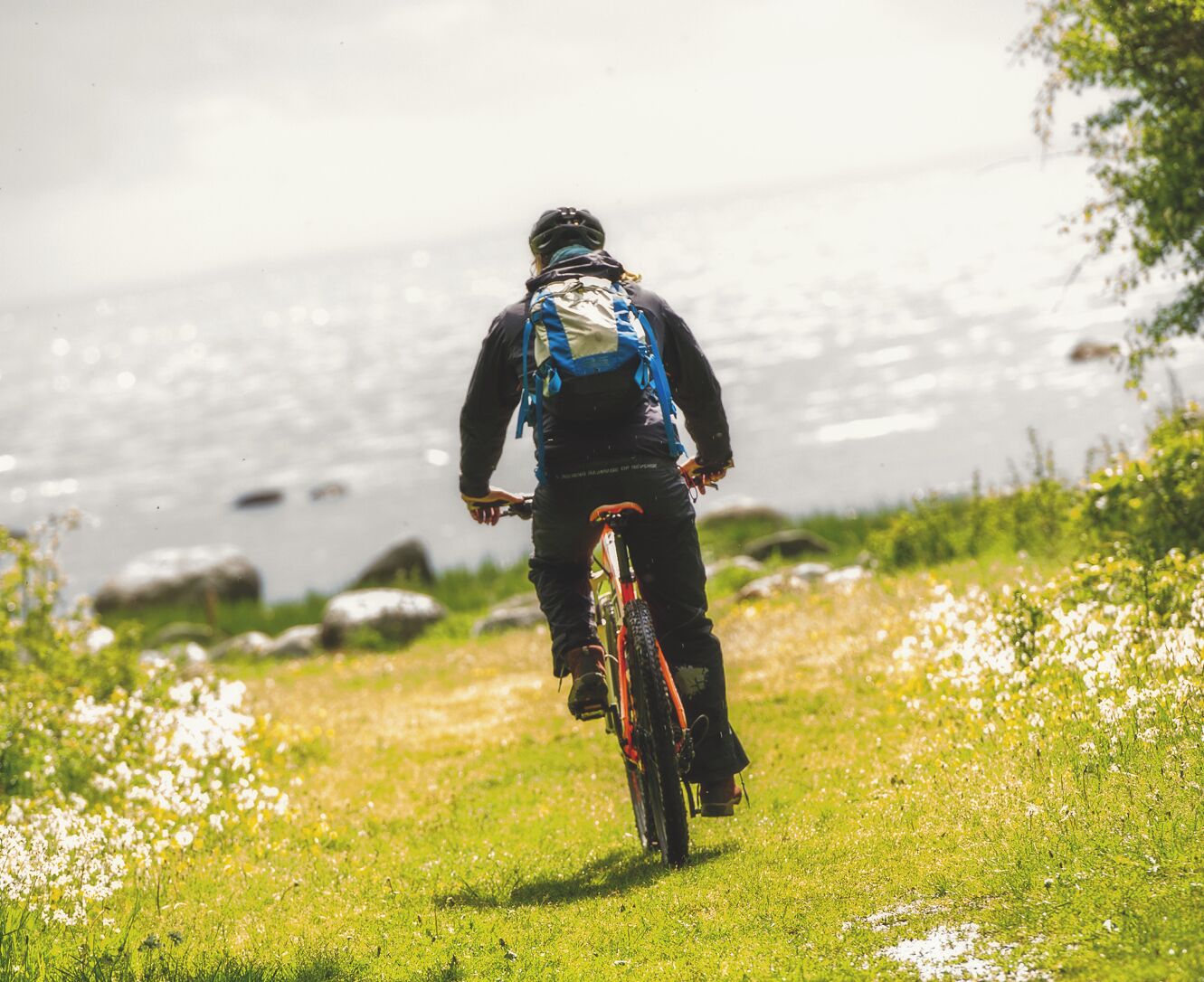 A person riding a bicycle on a grassy path with a backpack, near a body of water.