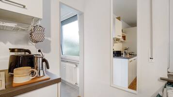 Fridge, dishwasher, cookware/dishes/utensils, spices