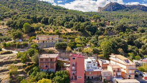 A hillside village with traditional buildings, a prominent cliff, and dense forest.