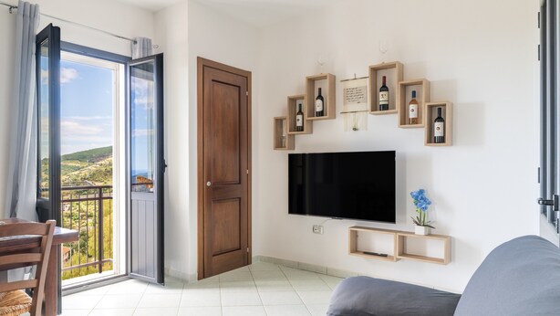 A living room with a TV, wooden decor, a balcony with a view, and a dining area.
