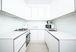 Fridge, microwave, oven, coffee/tea maker