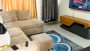 A living room with a sofa, ottoman, TV, and a rug.