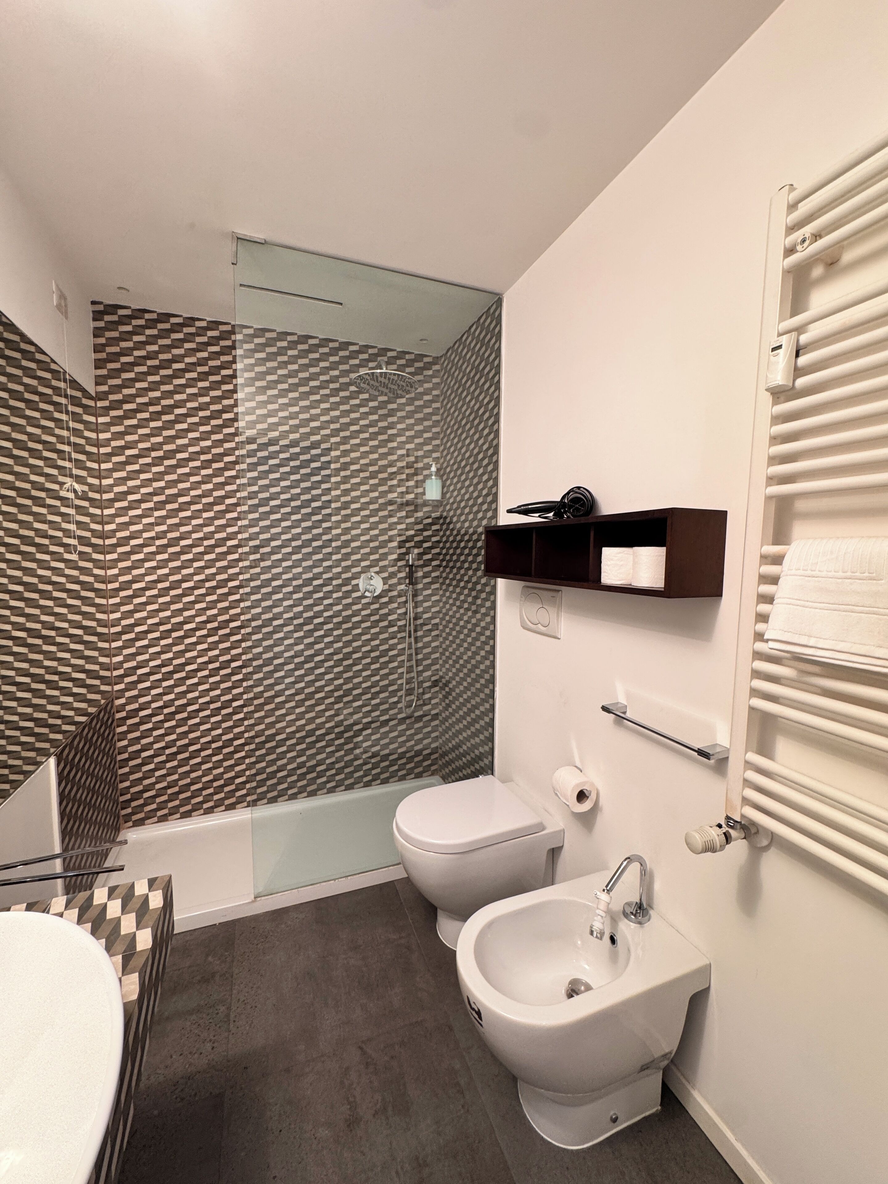 Ein modernes Badezimmer mit Dusche, zwei Toiletten, einem Waschbecken und einem Handtuchhalter.