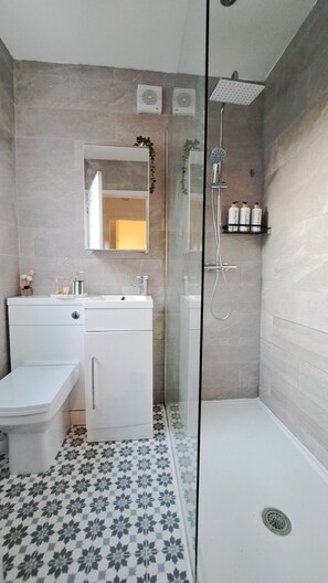 Een douche, een haardroger, handdoeken, zeep