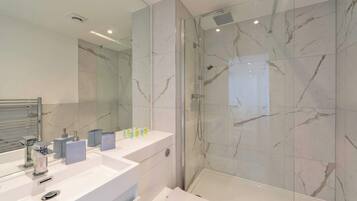Shower, hair dryer, towels, shampoo