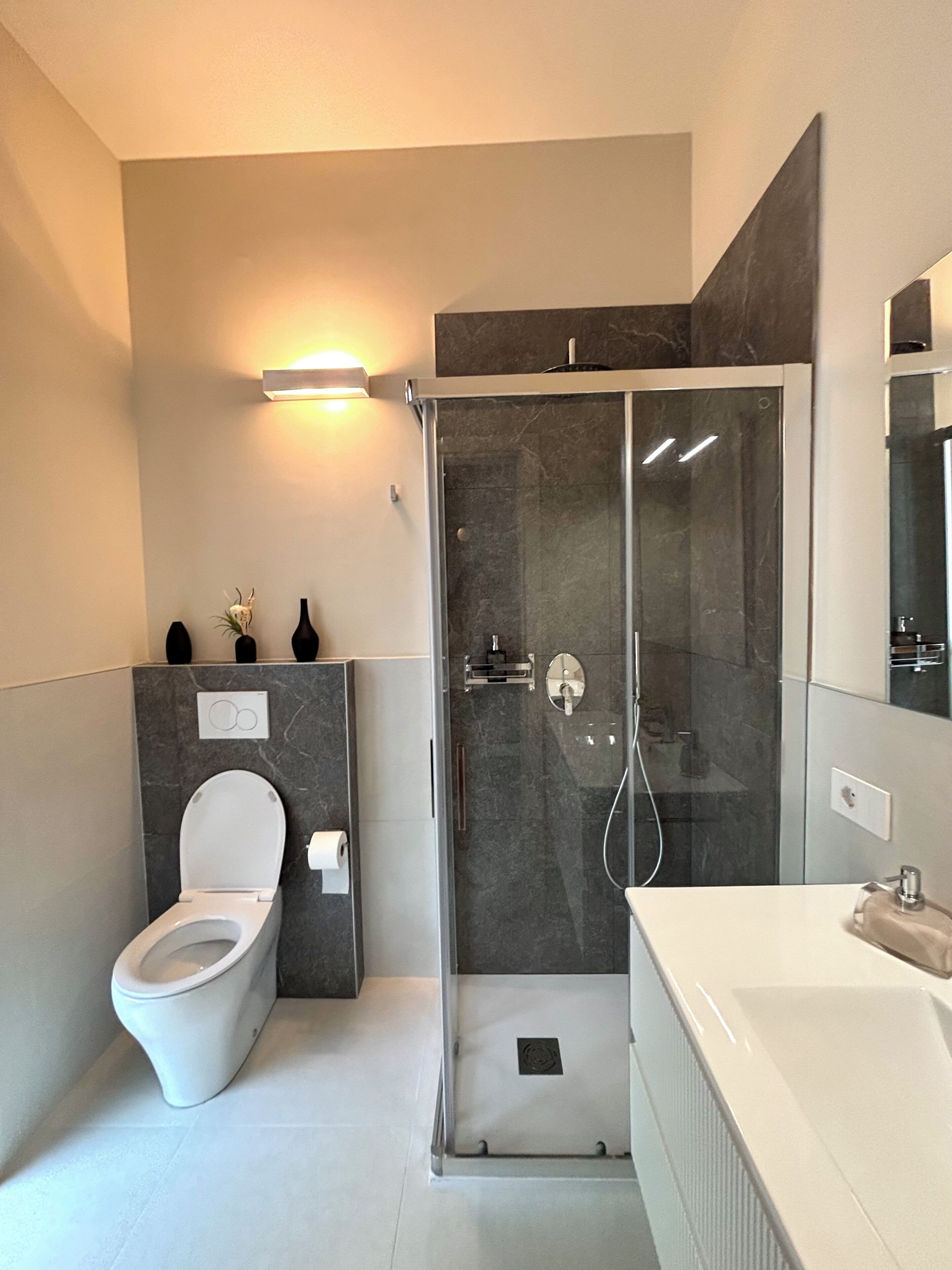 Un baño moderno con ducha envuelta en vidrio, inodoro y tocador con espejo.
