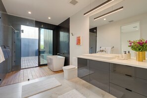 Shower, hair dryer, towels
