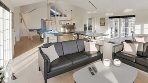 Fireplace, table football, ping pong
