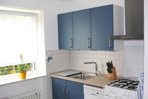 Une cuisine avec des meubles bleus, un four blanc et une fenêtre agrémentée d’une plante.