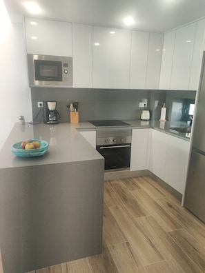 Frigorífico, microondas, horno y placa de cocina