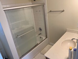 Hair dryer, bidet, towels, soap