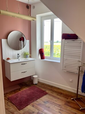 Shower, hair dryer, towels