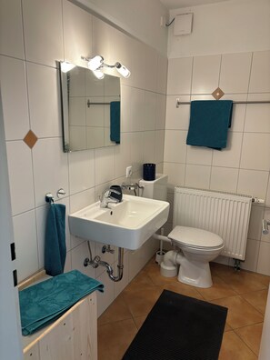 Douche, sèche-cheveux, serviettes fournies, savon
