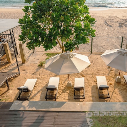 A beachside lounge area with sun loungers and umbrellas, a wooden deck, and a view of the ocean.