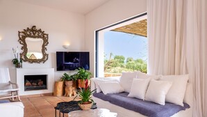 Ein modernes Wohnzimmer mit Sofa, Kamin, Fernseher und einem großen Fenster mit Blick auf Grünfläche.