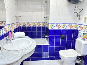 Combined shower/bathtub, free toiletries, hair dryer, towels