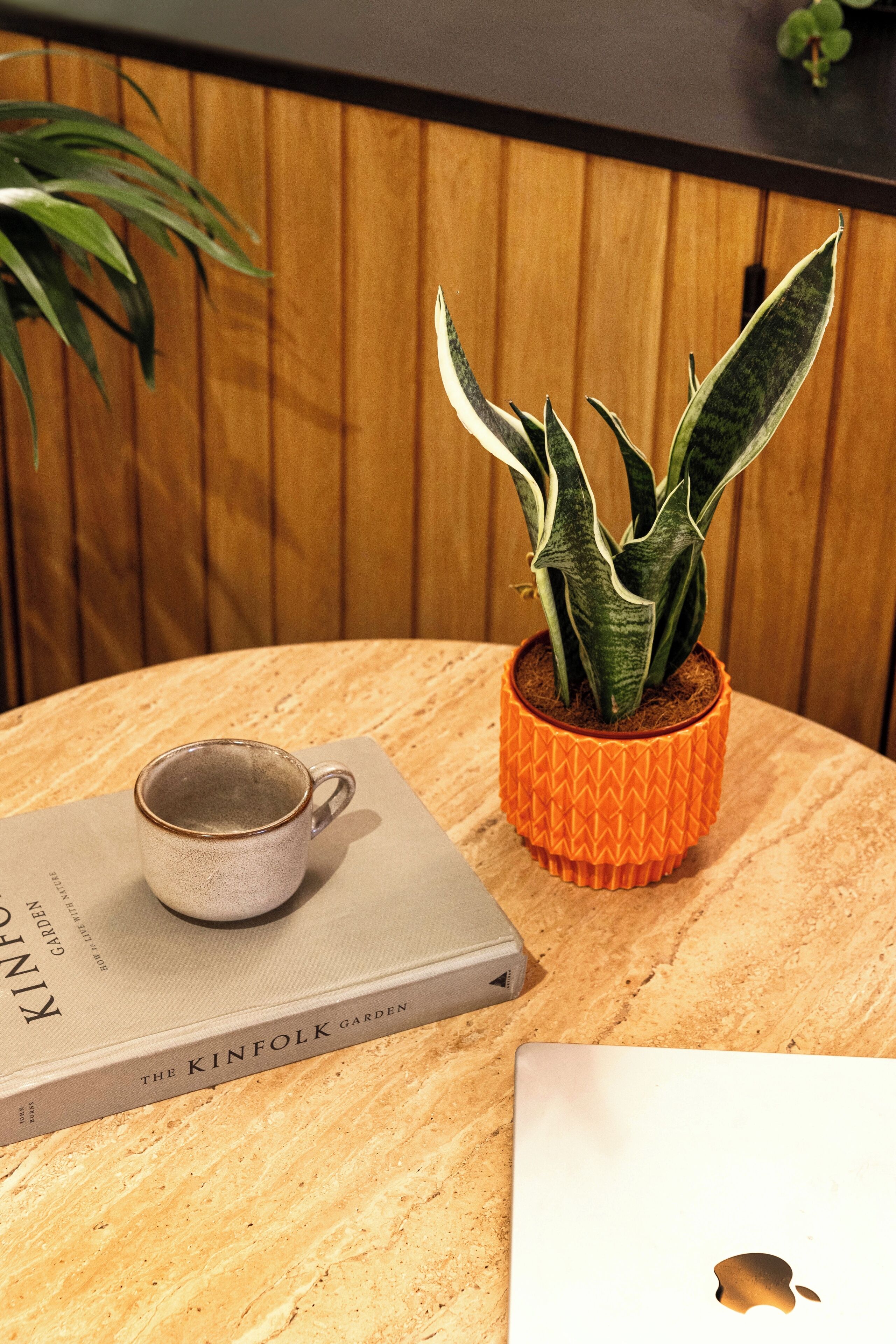 Ein runder Holztisch mit einem Blumentopf, einem Buch und einem Laptop.