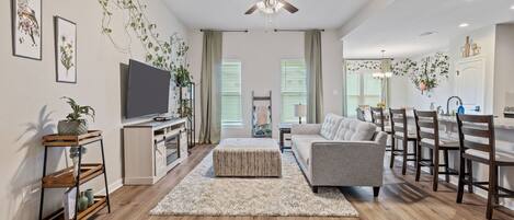 TV, fireplace