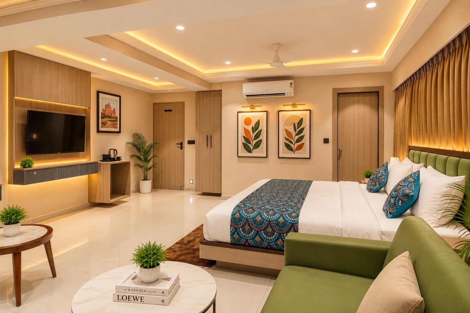 A modern bedroom with a large bed, a flat-screen TV, a desk, and a sofa.