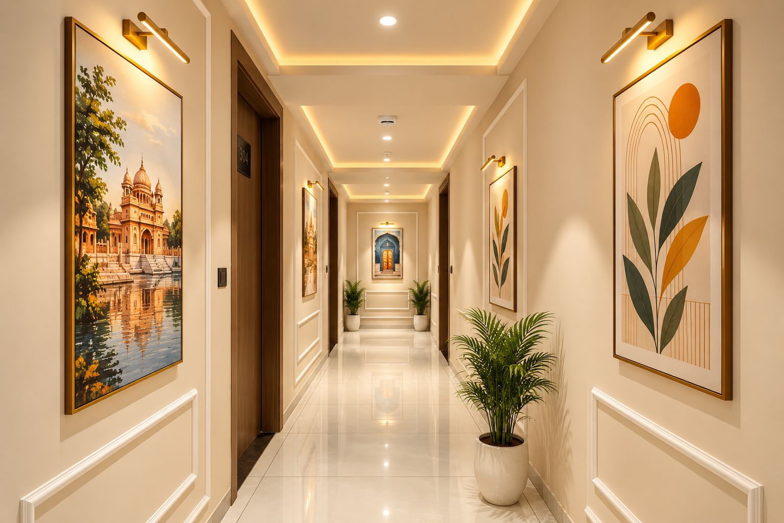 A hallway with framed artwork on the walls, a potted plant, and a staircase at the end.