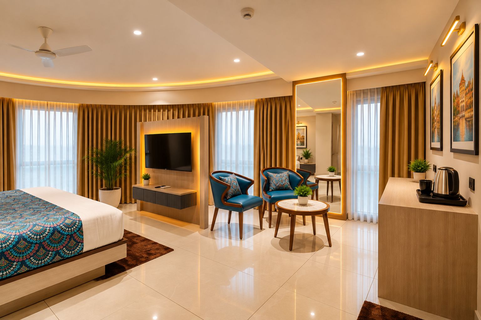 A modern hotel room with a large bed, a TV, a seating area with chairs, a small table, and a coffee machine.