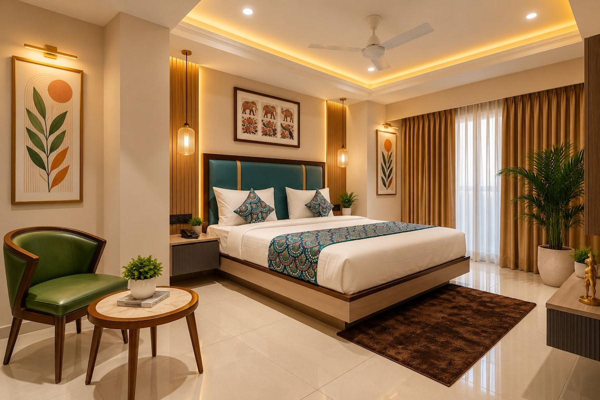 A modern bedroom with a large bed, a green chair, a small table, and a ceiling fan.