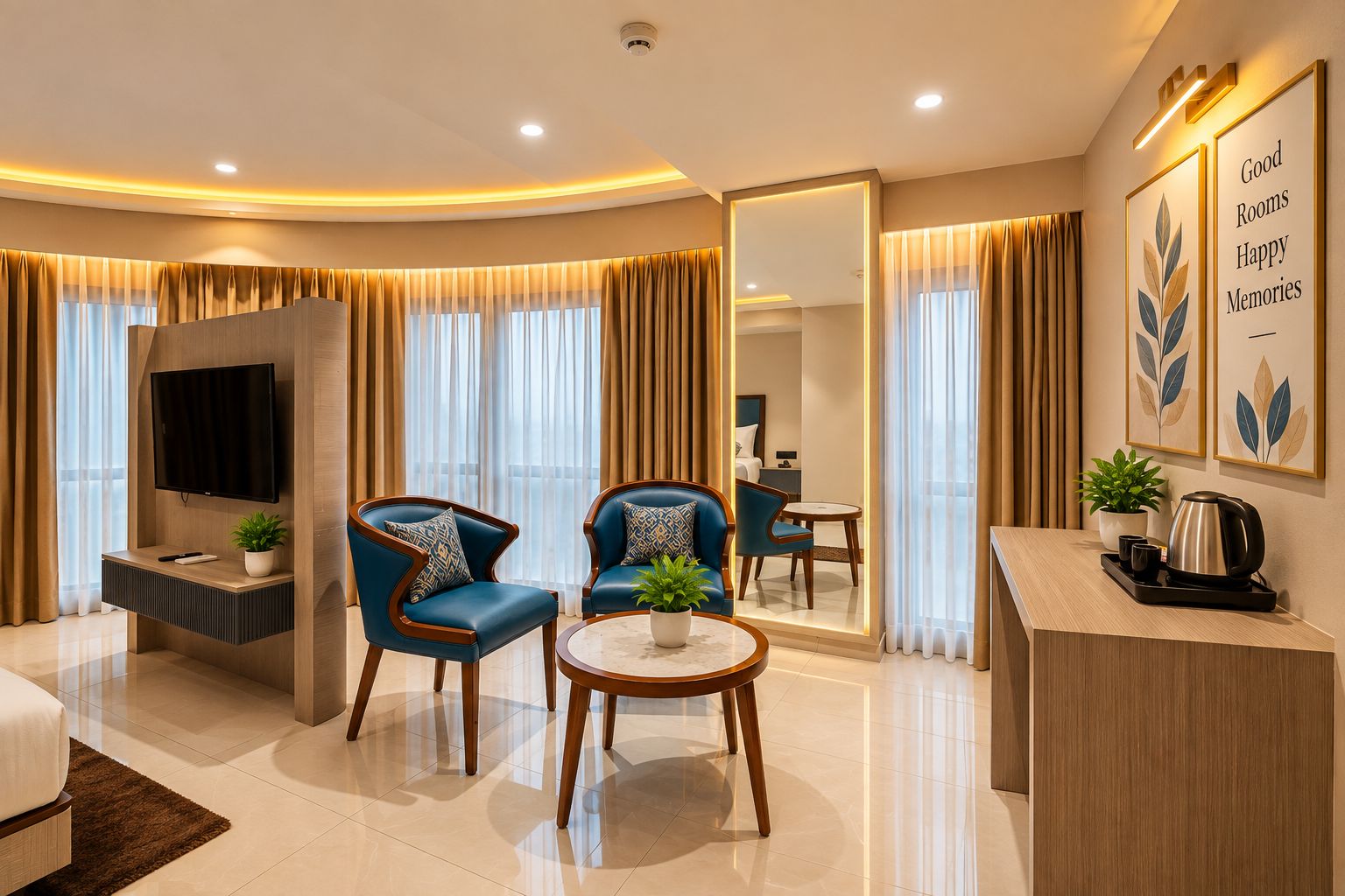 Una habitación de hotel moderna con televisor de pantalla plana, dos sillones tapizados en azul, una mesa de centro, un sofá, un comedor y una encimera de cocina con hervidor.