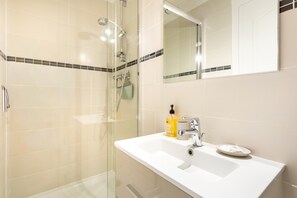 Shower, hair dryer, towels
