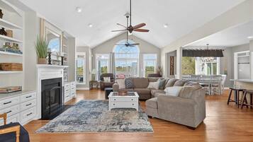 Smart TV, fireplace, foosball, table tennis