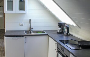 Fridge, stovetop, dishwasher, coffee/tea maker