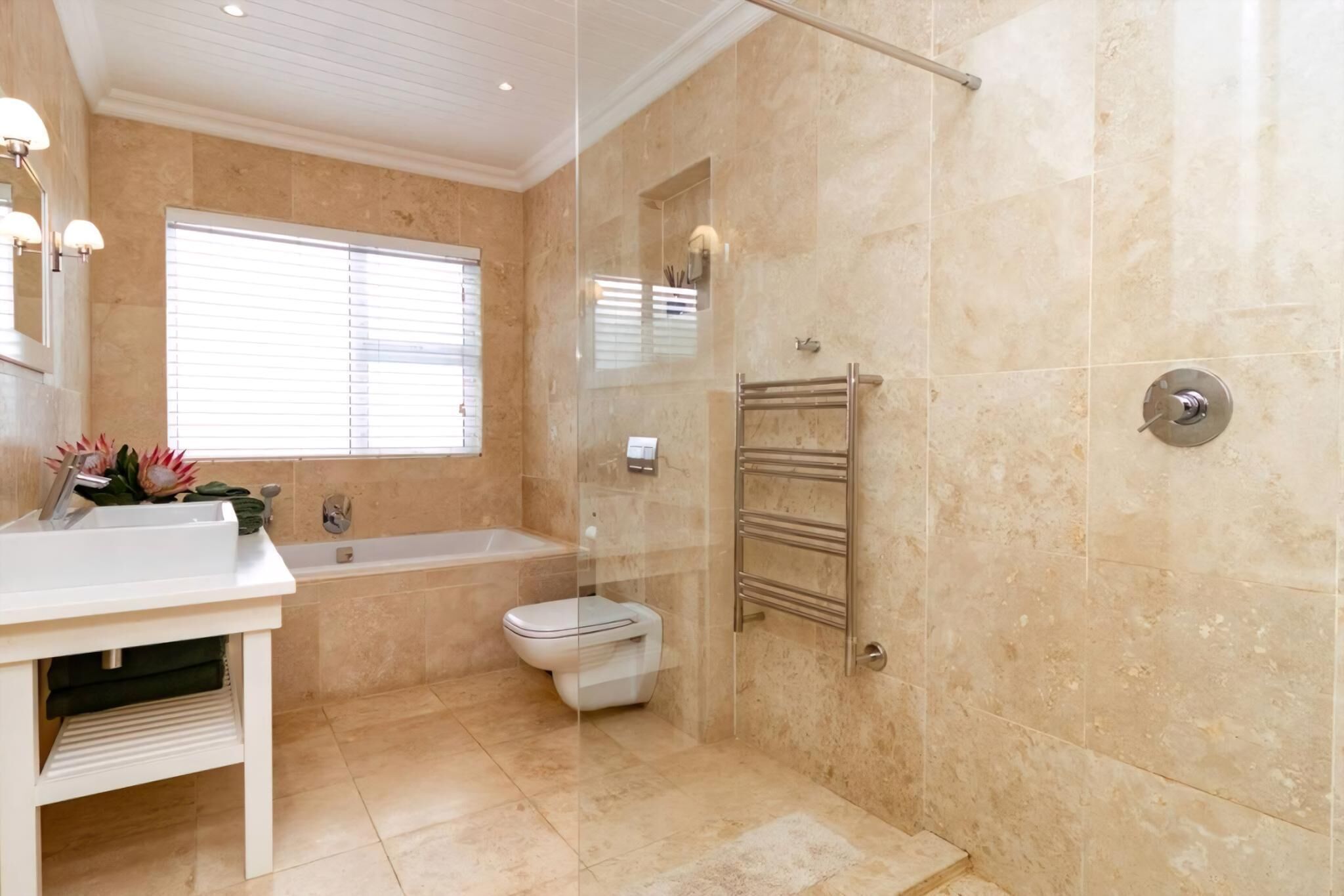 Hair dryer, towels, soap, shampoo