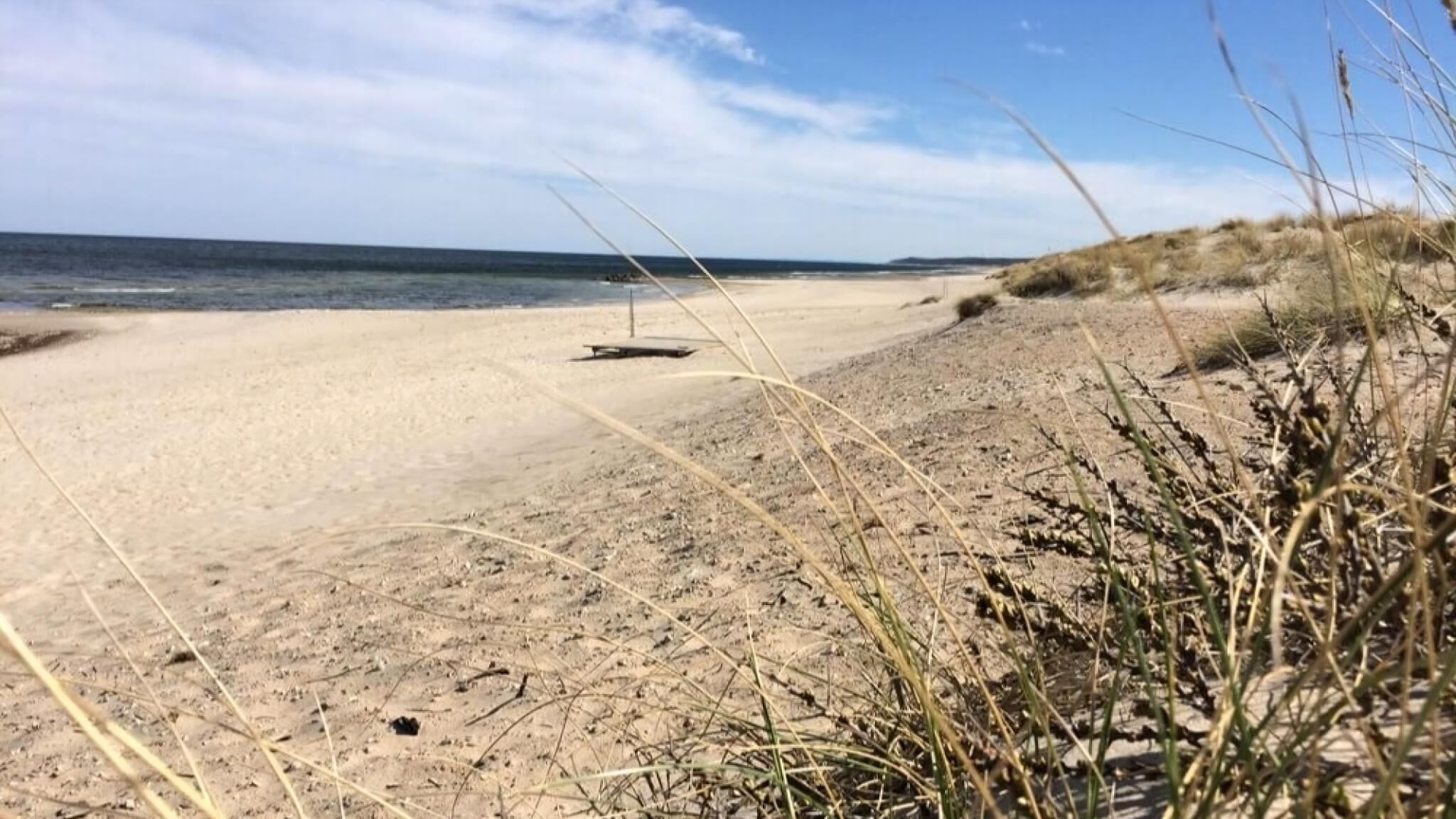 Ein Sandstrand mit Dünen und blauem Himmel.