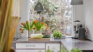Fridge, microwave, oven, stovetop