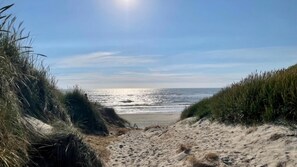 Ein sandiger Küstenpfad führt zum Meer, begleitet von grasbewachsenen Dünen.