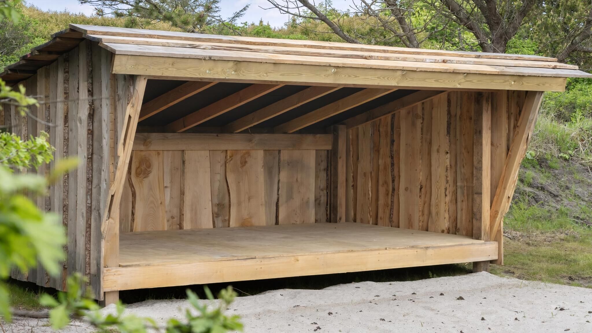 Una estructura de madera con techo inclinado y piso plano, rodeada de vegetación natural.