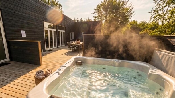 Een jacuzzi op een houten terras, met een houten huis op de achtergrond.