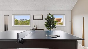 A ping pong table with a net, a plant, and a small table with a ball and paddle.